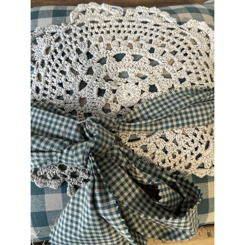 Vintage Handmade Doily Throw Pillow Green Checkered Grandma Cottage Core
